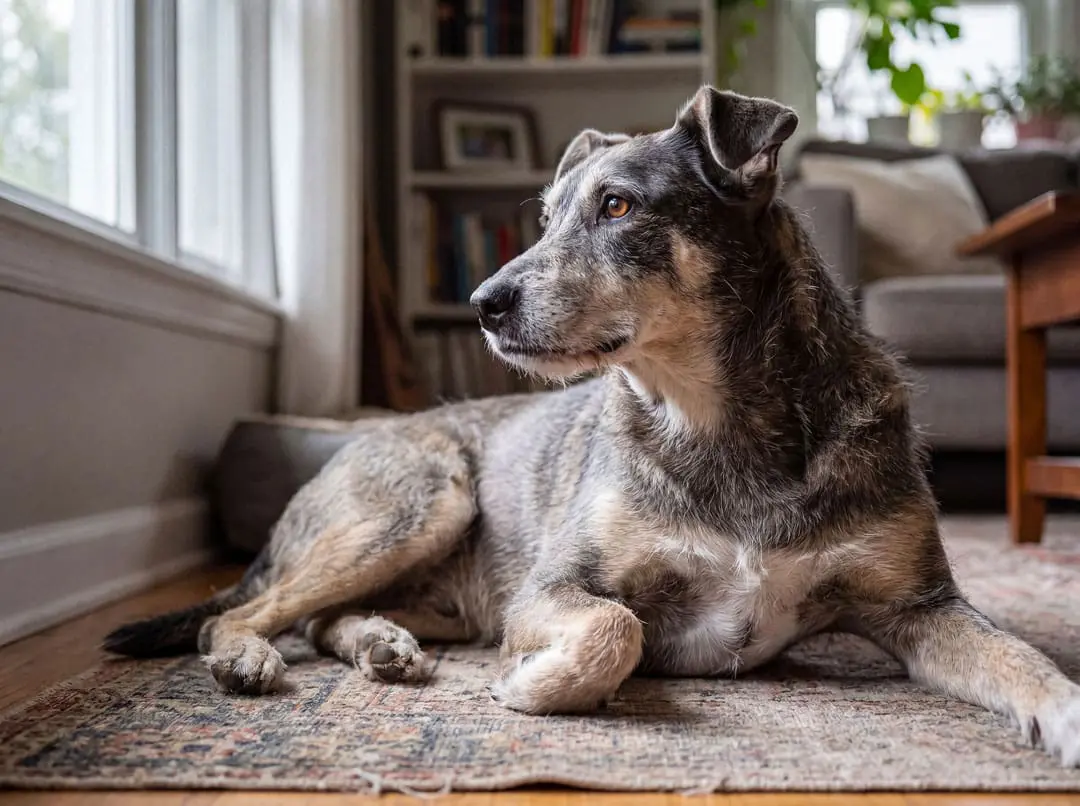 senior mixed breed dog laying on the floor